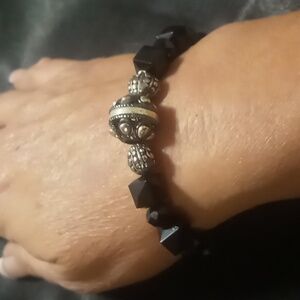 Black glass & metal beaded bracelet handcrafted . Expandable 8.0